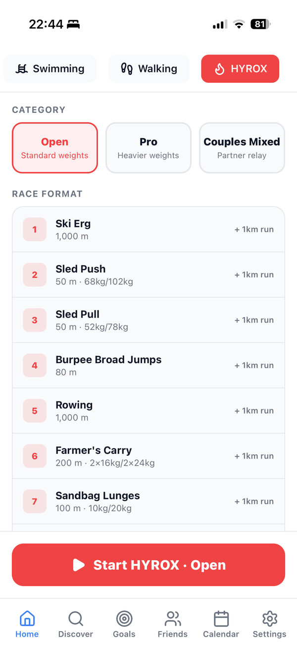 Training calendar in ASHA with weekly workout schedule